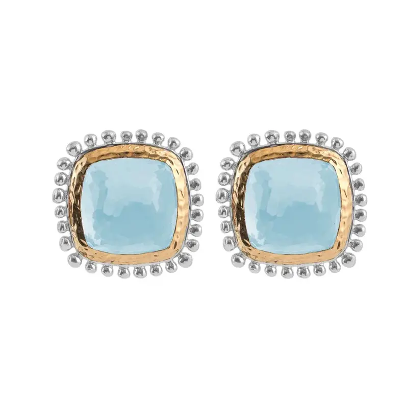 12Mm Molten Cushion Blue Topaz Earrings In 18K Yellow Gold And Sterling Silver 1