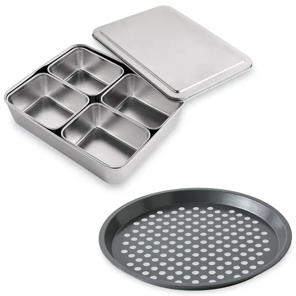5-Piece Stainless Steel Prep Bowls + Perforated 29.5 Cm Pizza Pan – Mathon Culinary Kit 1
