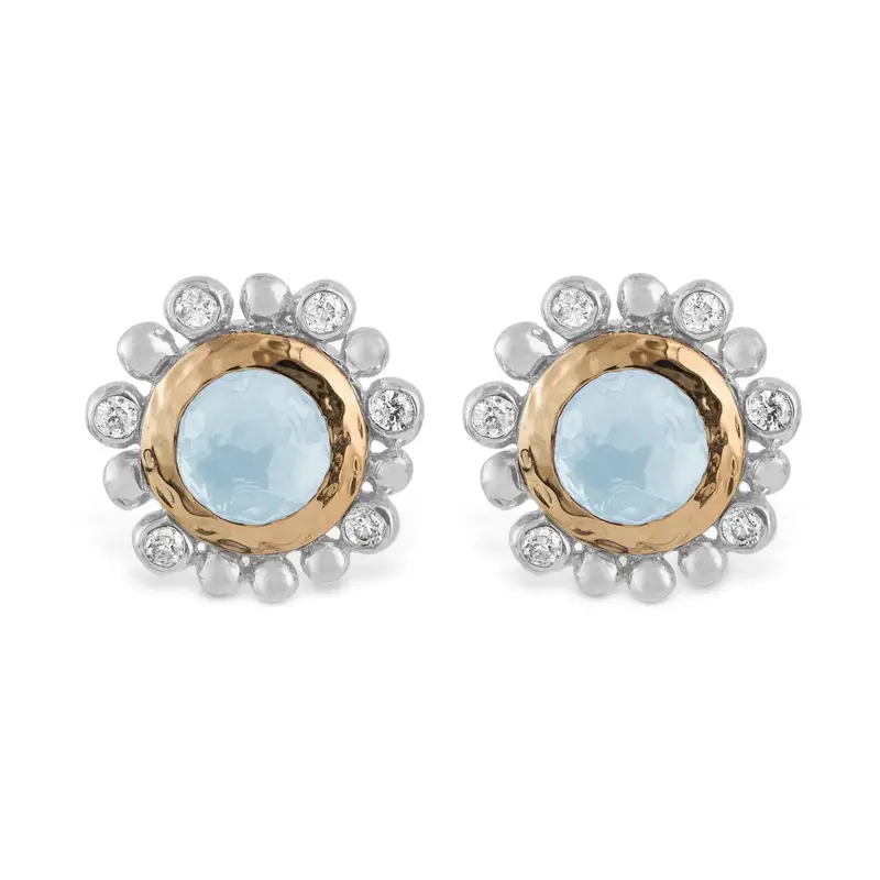 5Mm Molten Round Blue Topaz Stud Earrings In 18K Yellow Gold And Sterling Silver 1