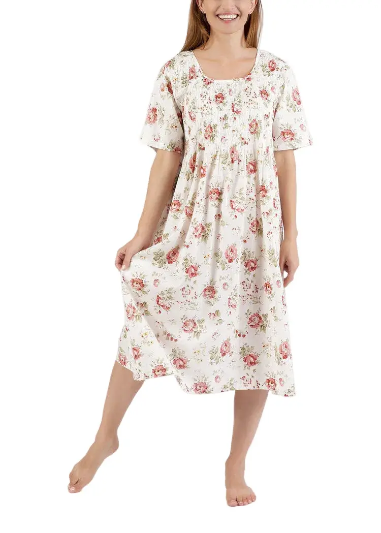 Arabella Pink Floral Shirred-Bodice Nightie With Short Sleeves 1