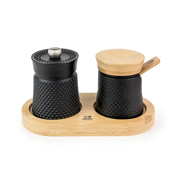 Bali Manual Pepper Mill & Salt Dish Set – 8 Cm Cast Iron Grinder + 7 Cm Bamboo Spoon Salt Cup By Peugeot 1
