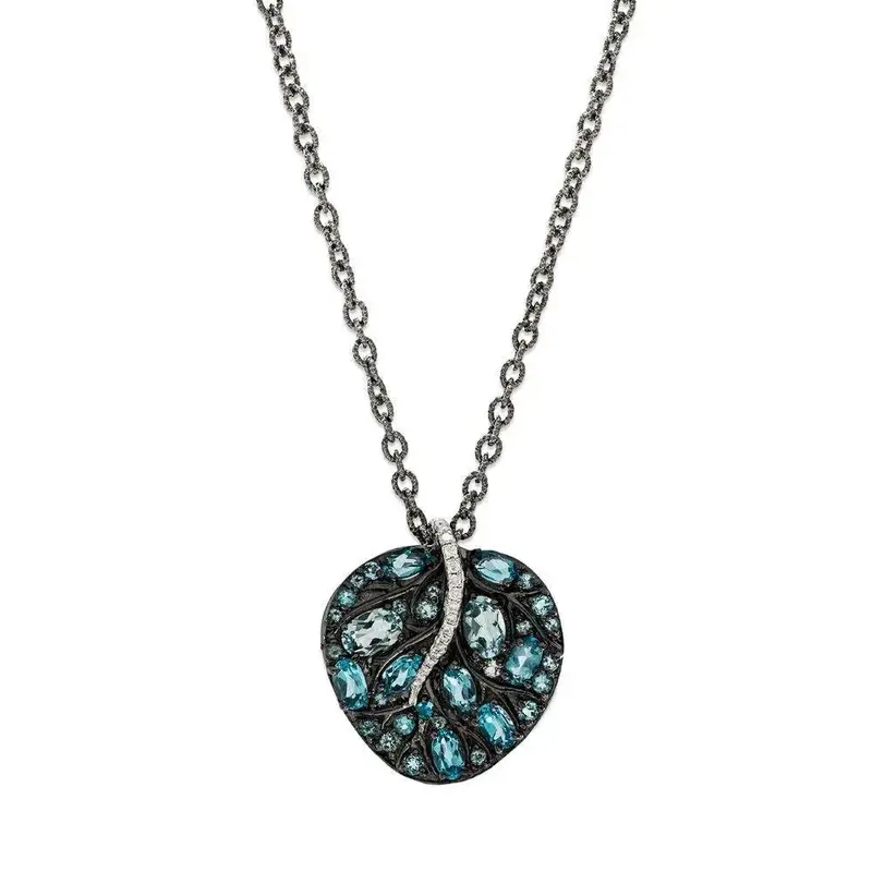 Black Rhodium Botanical Leaf Mini Pendant With Blue Topaz & Diamonds 1