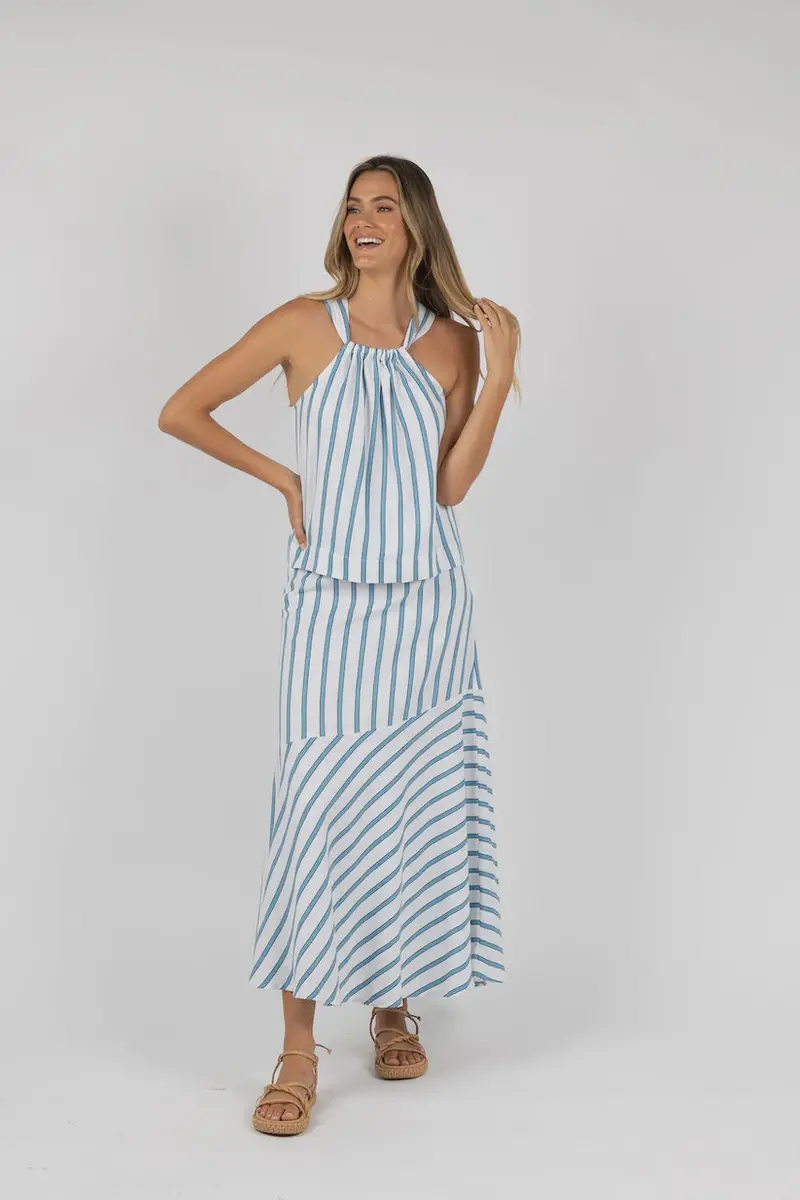 Blue-Striped Santos A-Line Midi Skirt 1