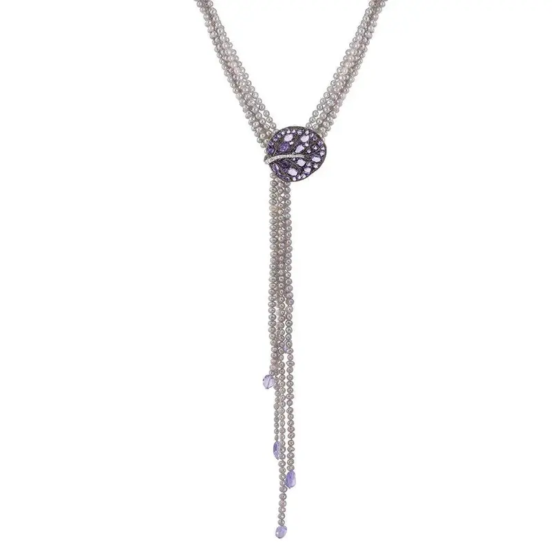 Botanical Leaf Multi-Strand Lariat Necklace With Amethyst & Diamonds 1