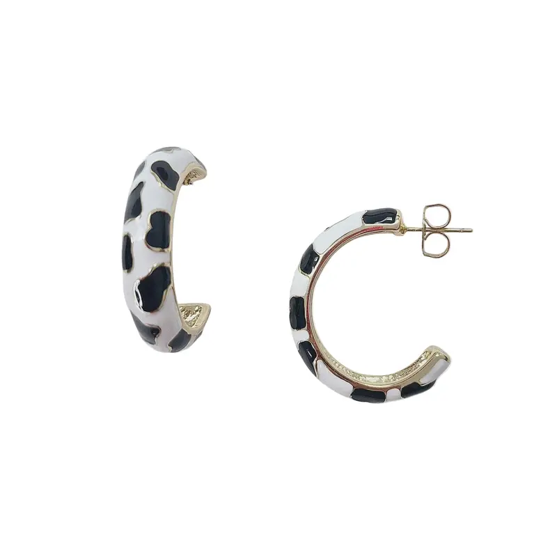 Cowprint-Print White Enamel Hoop Earrings 1