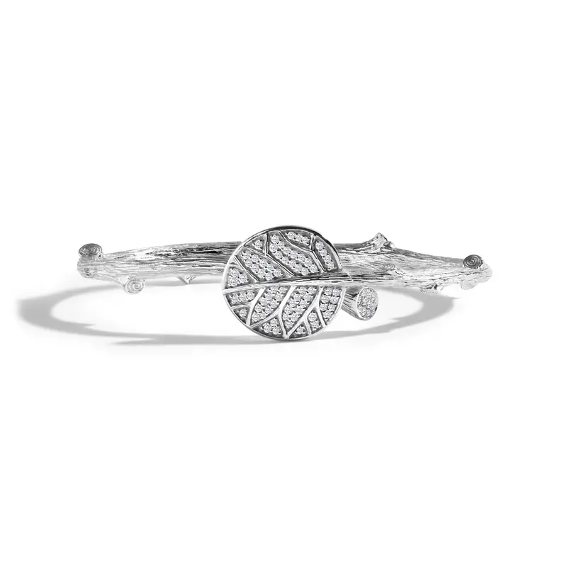 Diamond-Embellished Botanical Leaf Bangle Bracelet In Silver 1