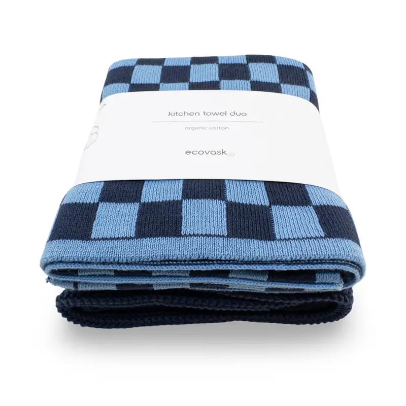 Ecovask Navy & Cornflower Chequer Kitchen Towel Duo 1