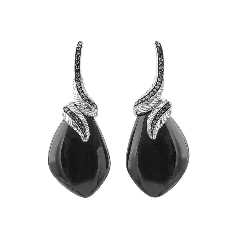 Feather-Shaped Earrings With Black Onyx And Diamond Inlays 1
