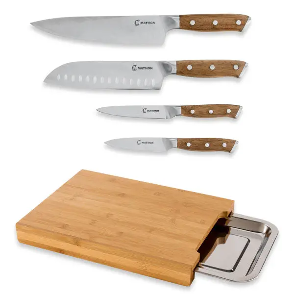 Mathon Bamboo Cutting Board + 4 Acacia Wood Knives Set 1