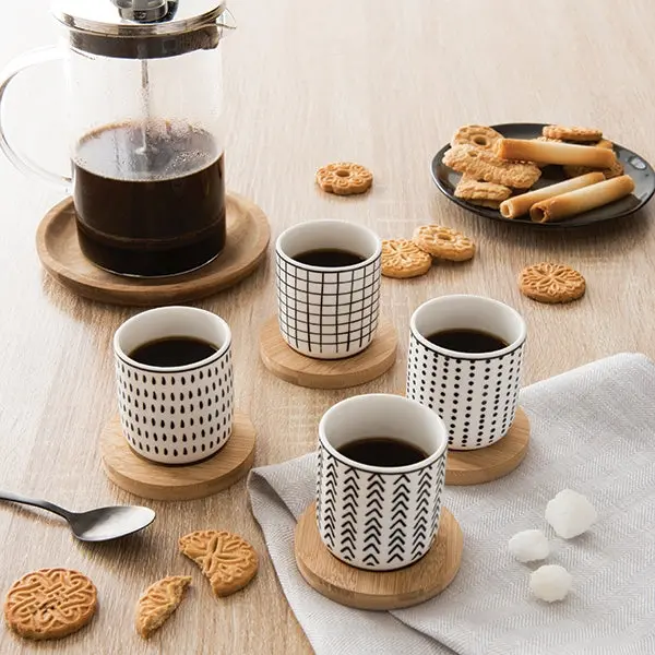 Mathon Graphic-Print Porcelain Tea Cup Set – 4 Cups + Bamboo Saucers, 10 Cl 1