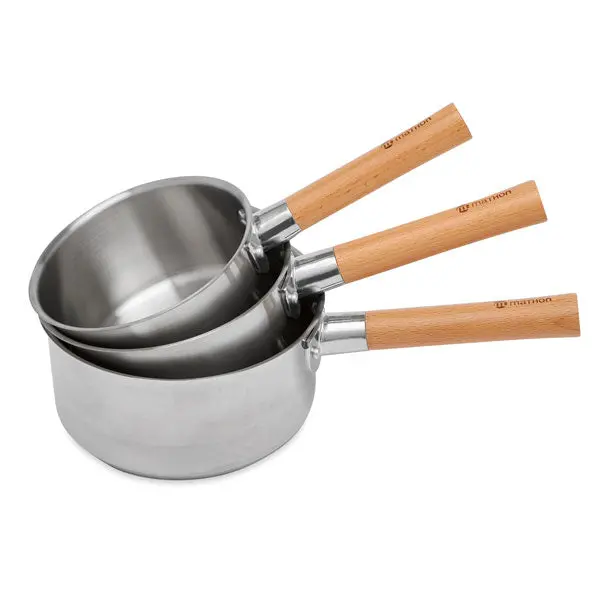 Mathon Natural-Inox Stainless Steel Saucepan Trio: 16 Cm, 18 Cm, 20 Cm With Wooden Handles 1