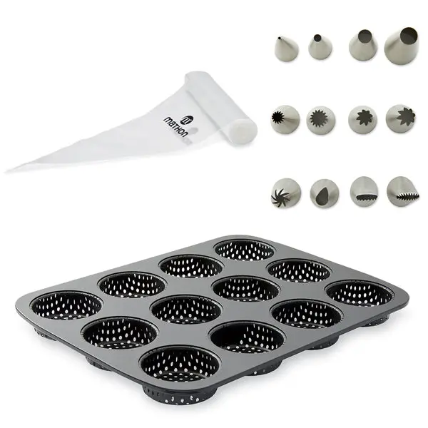 Mignardise Baking Kit: 12-Cavity Micro-Perforated Tray (29X22 Cm) + 24 Disposable Piping Bags + 12 Stainless Steel Tips – Mathon 1