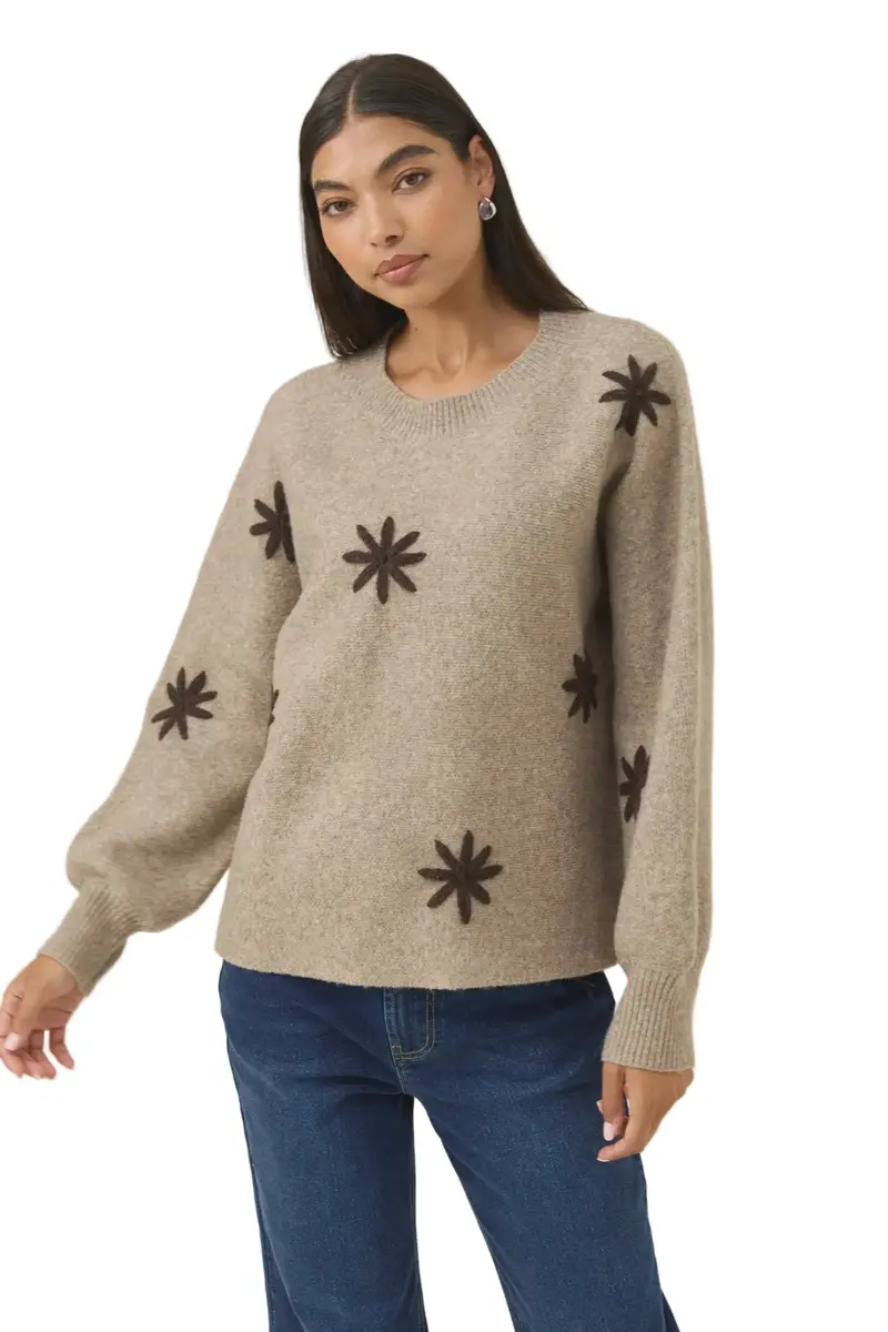 Miru Stitch Flower Knit Jumper In Stone Tone 1