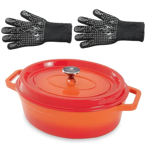 Oval Orange Cast Iron Dutch Oven Set – 33 Cm / 6 L + Extra-Large Heat-Resistant Gloves (Size 10) By Mathon 1