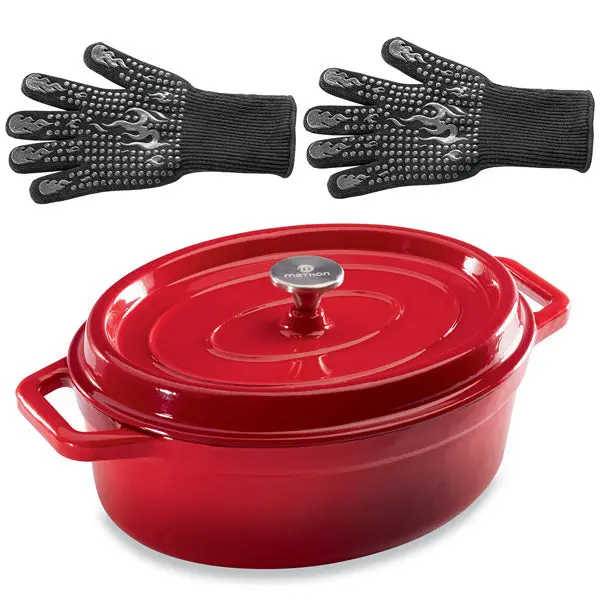Oval Red Cast Iron Dutch Oven Set – 33 Cm / 6 L + Extra-Large Heat-Resistant Gloves (Size 10) By Mathon 1
