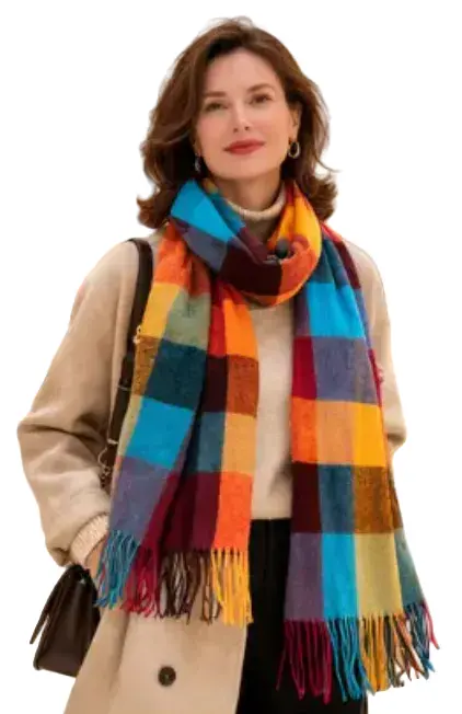 Plaid Shawl Wrap In Orange & Navy – Bold Textured Accent 1