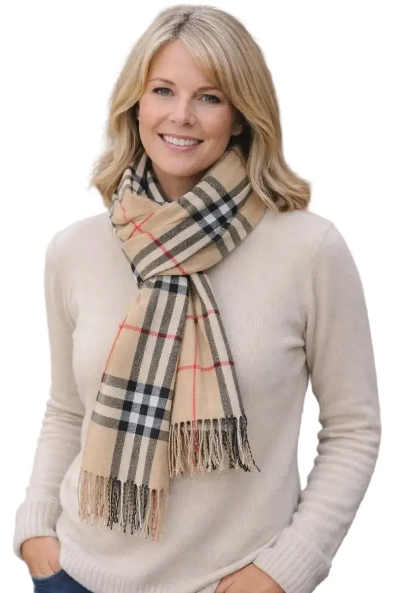 Taupe And Red Plaid Shawl Wrap 1
