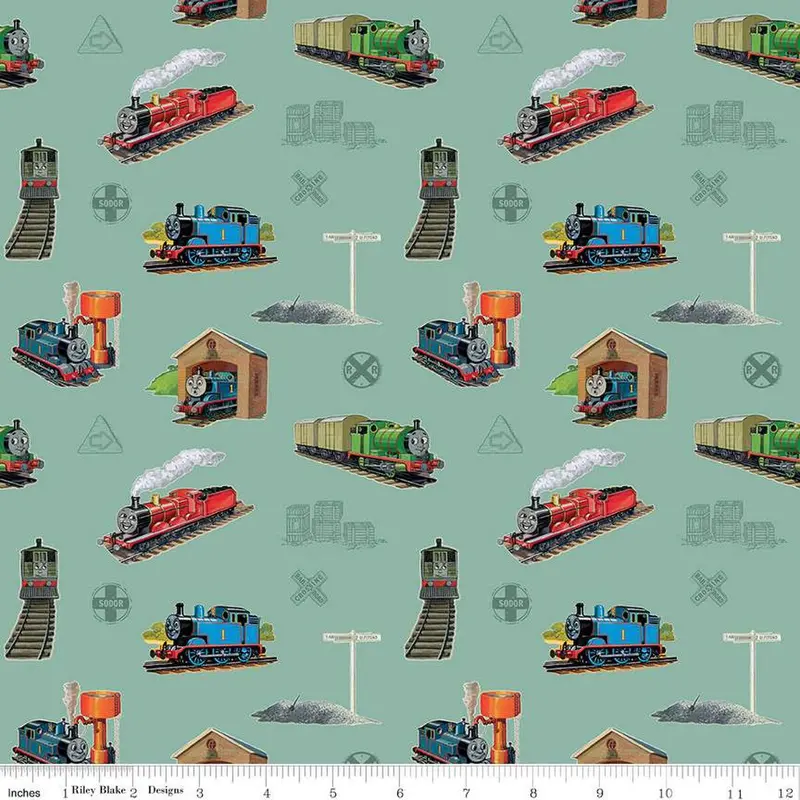 Thomas & Friends 80Th Anniversary Fabric: Main Green Pattern 1