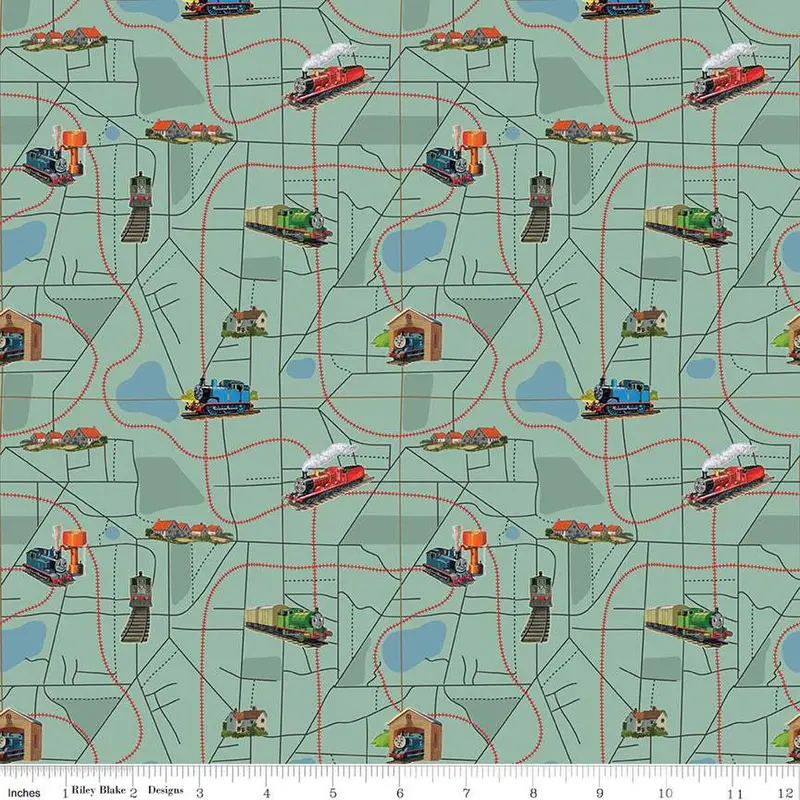 Thomas & Friends 80Th Anniversary Fabric: Map Green Print 1