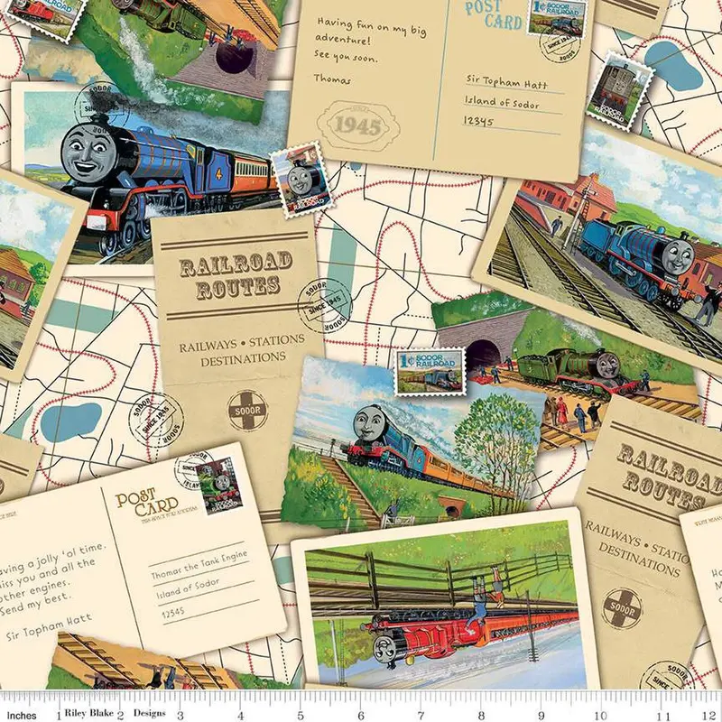 Thomas & Friends 80Th Anniversary Fabric: Postcard Toss Multicolor Print 1