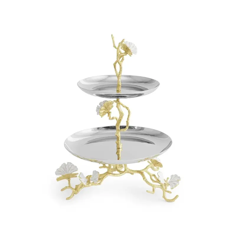 Two-Tier Butterfly Ginkgo Gold Etagerè Shelf Stand 1