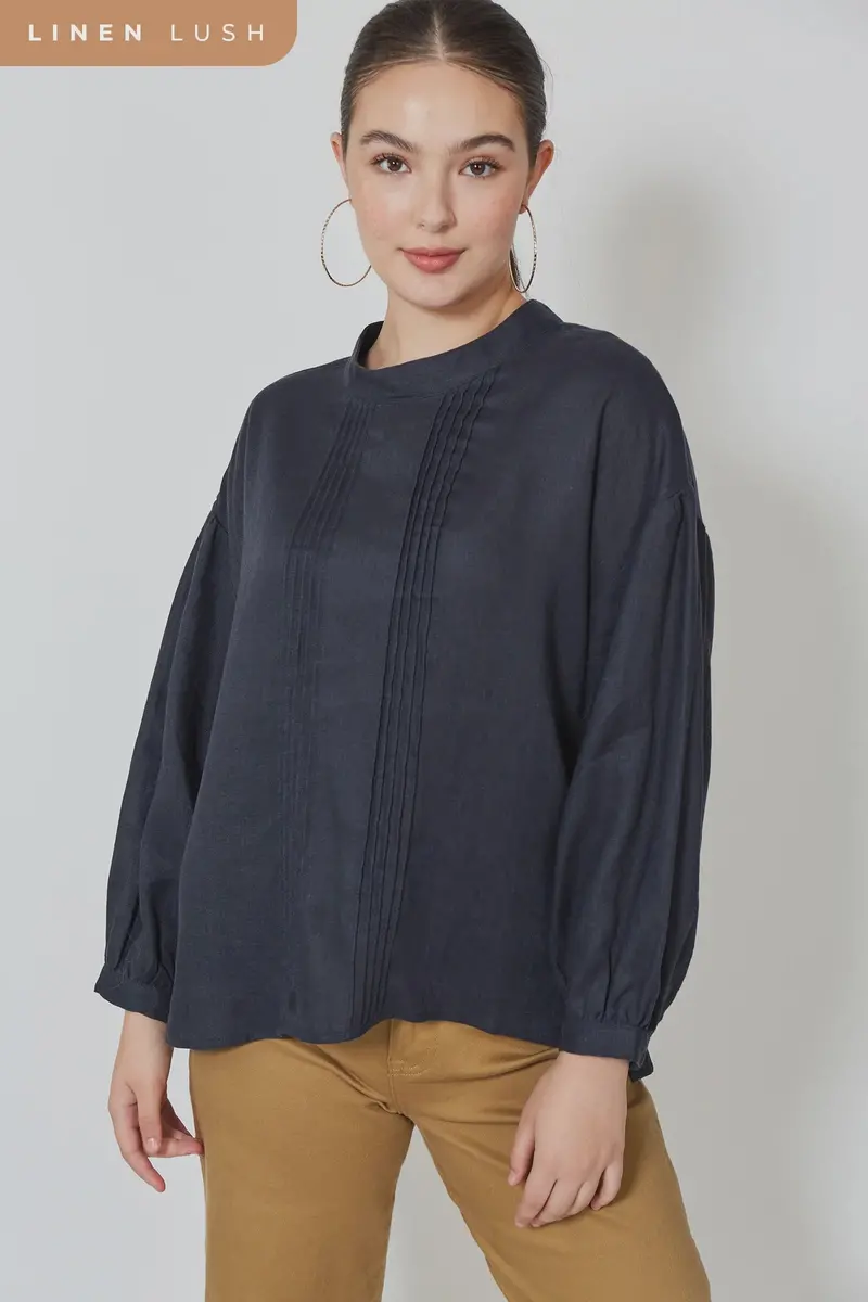 Wintour Pleated Blouse – Ink Blue Structured Top 1